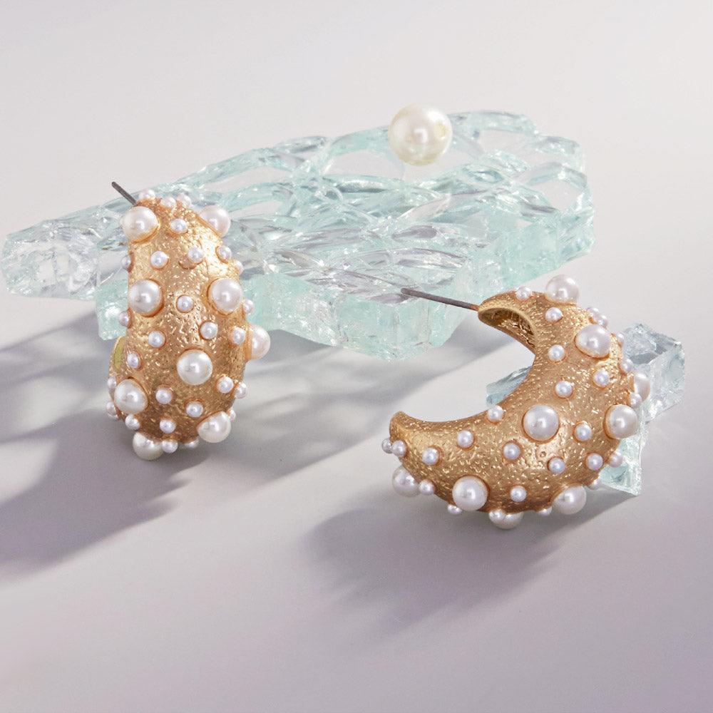 Gold Pearl Embellished Metal Hoop Earrings - Jewelry Store by Erik Rayo