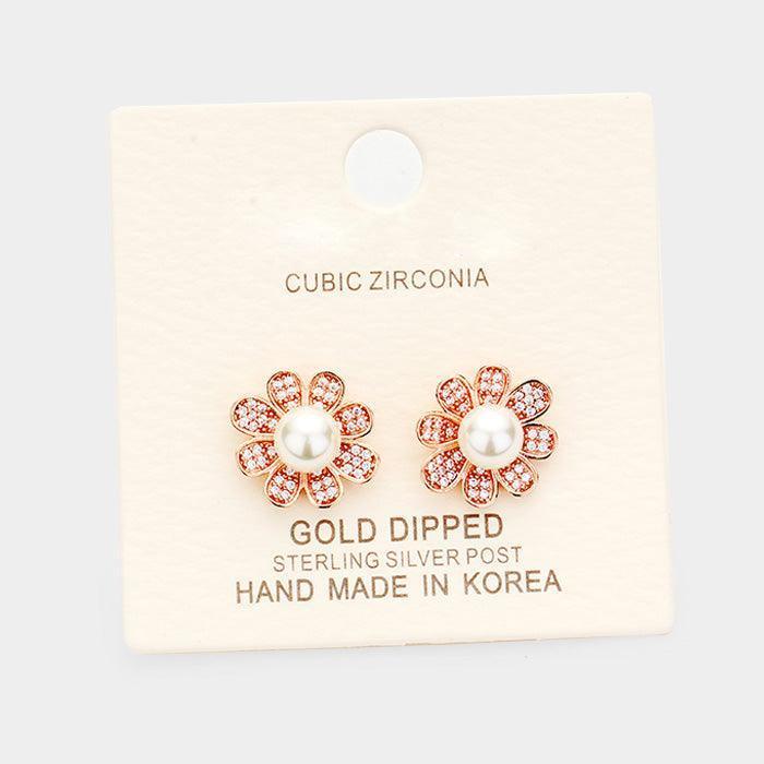 Rose Gold Gold Dipped Cubic Zirconia Pearl Floral Post Earrings - Jewelry Store by Erik Rayo