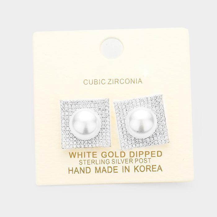 White White Gold Dipped Cubic Zirconia Pearl Post Earrings - Jewelry Store by Erik Rayo