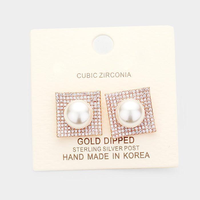 Rose Gold Gold Dipped Cubic Zirconia Pearl Post Earrings - Jewelry Store by Erik Rayo