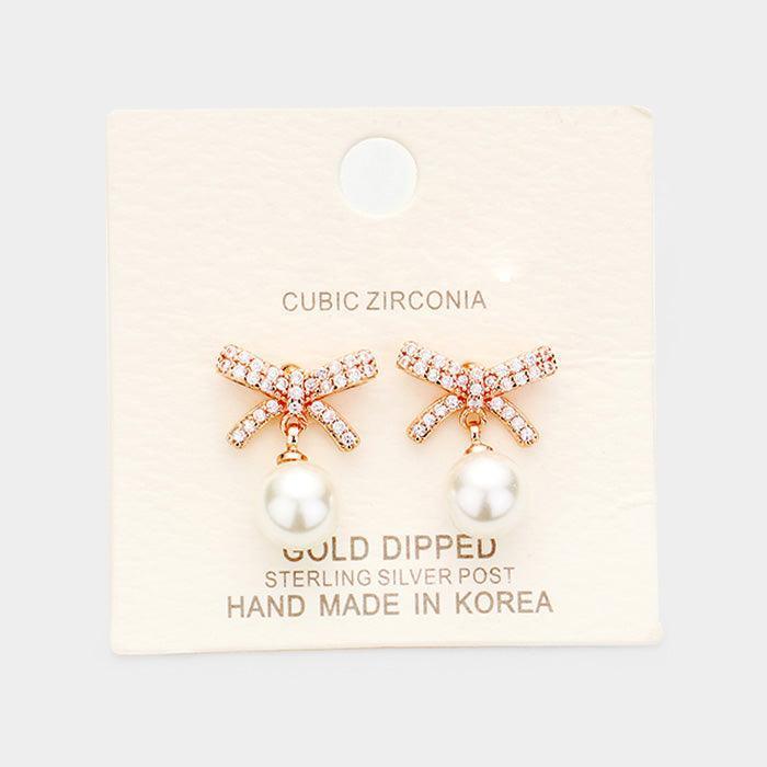 Rose Gold Gold Dipped Cubic Zirconia Bow Pearl Dangle Earrings - Jewelry Store by Erik Rayo