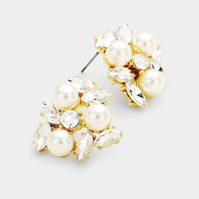 Gold Pearl Oval Glass Crystal Cluster Earrings