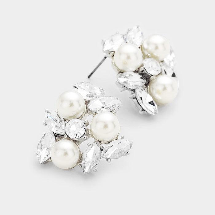 Silver Pearl Oval Glass Crystal Cluster Earrings - Jewelry Store by Erik Rayo
