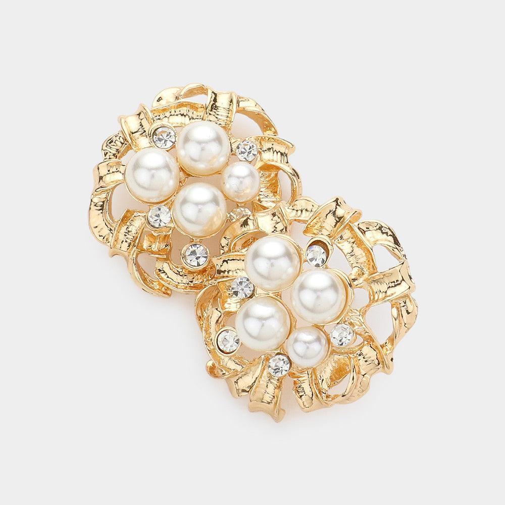 Cream Stone Pearl Embellished Metal Earrings - Jewelry Store by Erik Rayo