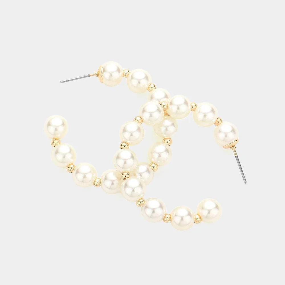 Cream Pearl Metal Ball 1.5 Inch Hoop Earrings - Jewelry Store by Erik Rayo