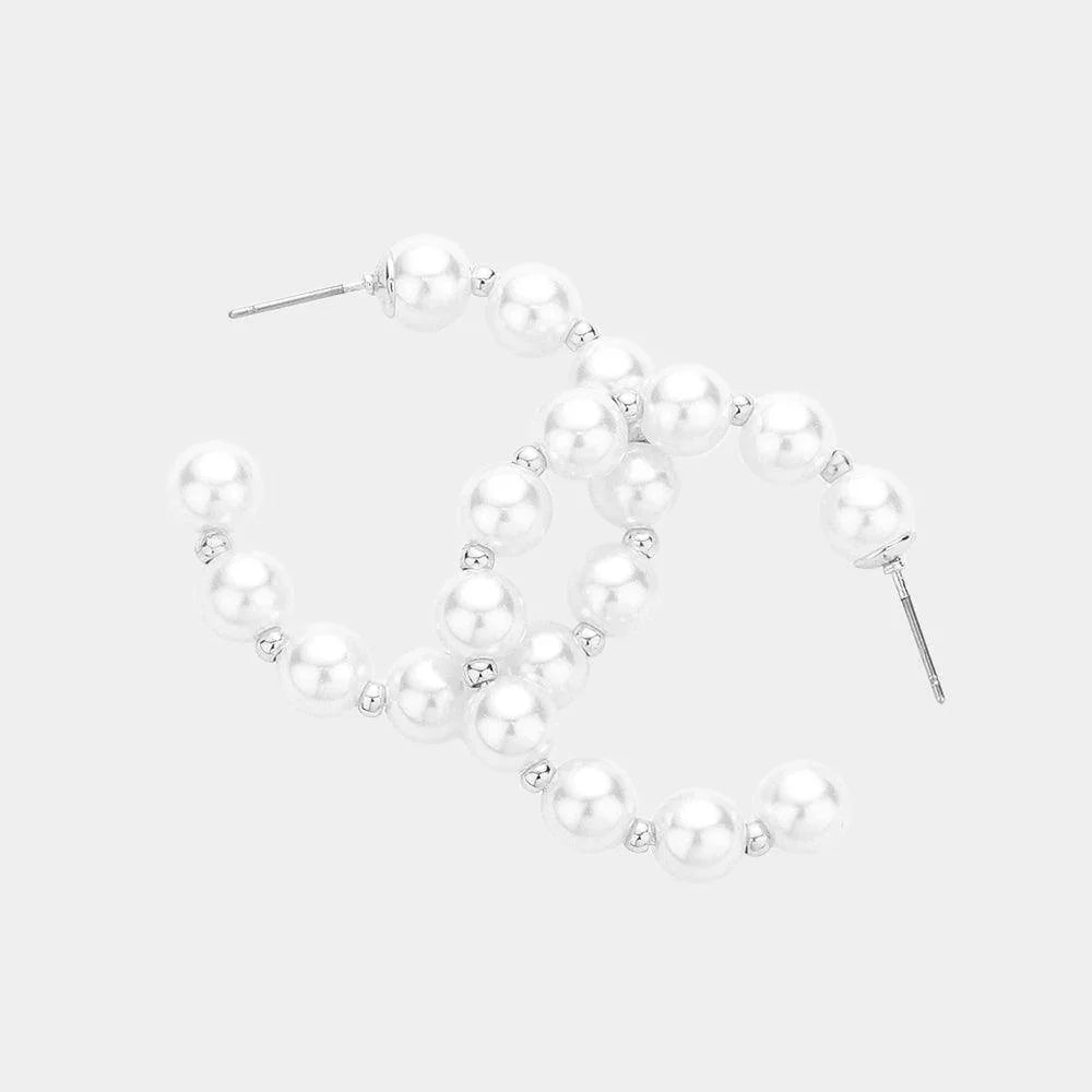 White Pearl Metal Ball 1.5 Inch Hoop Earrings - Jewelry Store by Erik Rayo