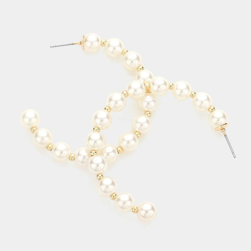 Cream Pearl Metal Ball 2 Inch Hoop Earrings - Jewelry Store by Erik Rayo