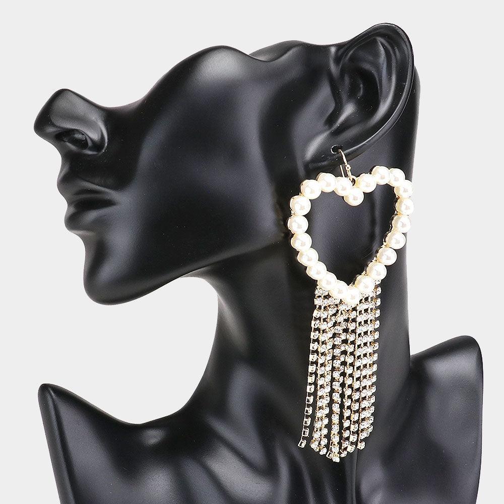 Gold Pearl Heart Rhinestone Drop Earrings - Jewelry Store by Erik Rayo
