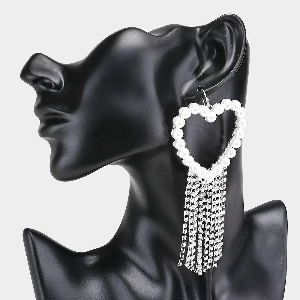 Silver Pearl Heart Rhinestone Drop Earrings - Jewelry Store by Erik Rayo