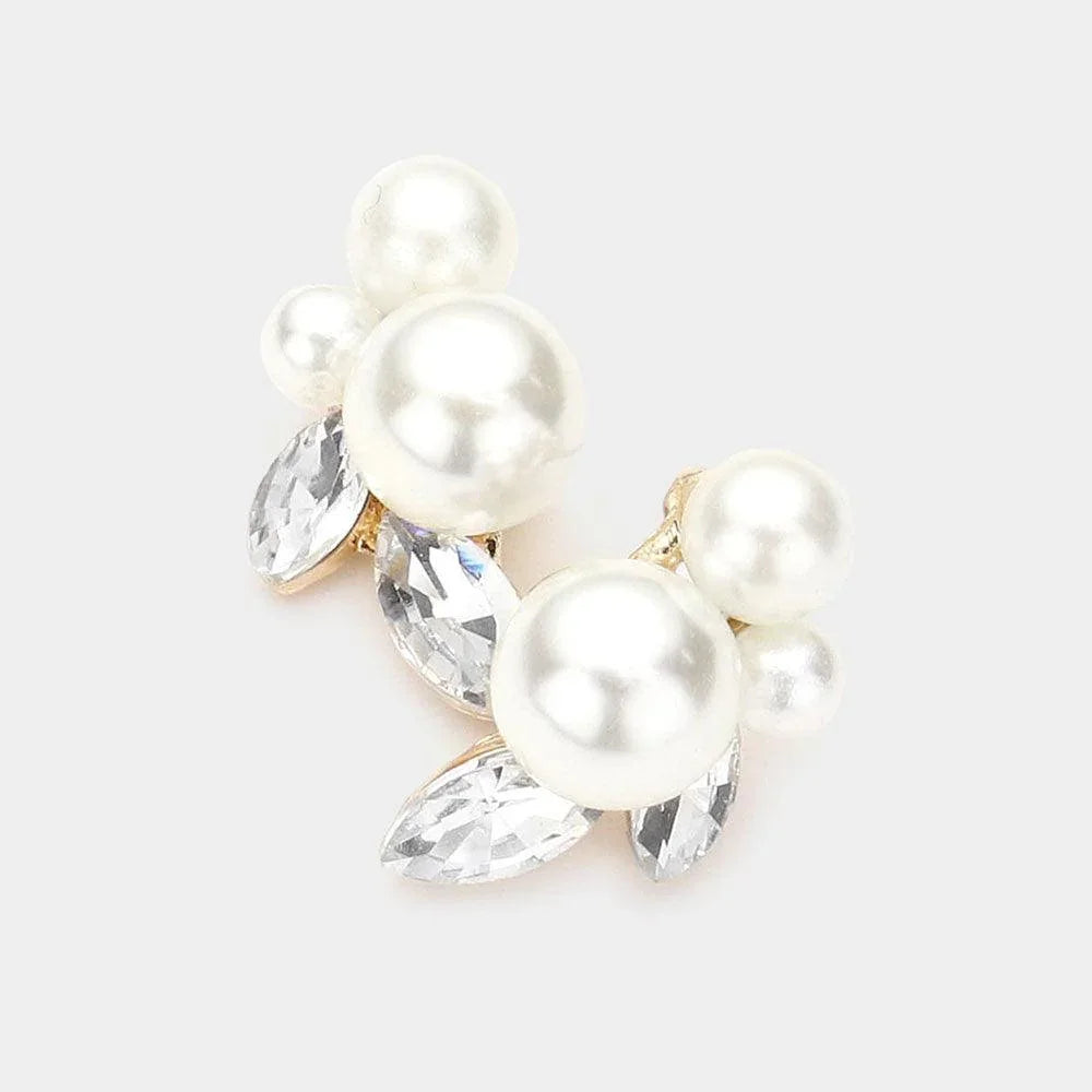 Gold Triple Pearl Accented Stud Earrings - Jewelry Store by Erik Rayo