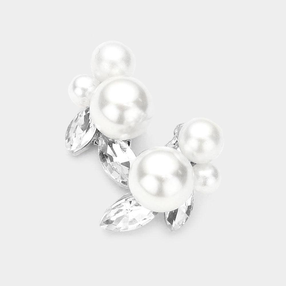 Silver Triple Pearl Accented Stud Earrings