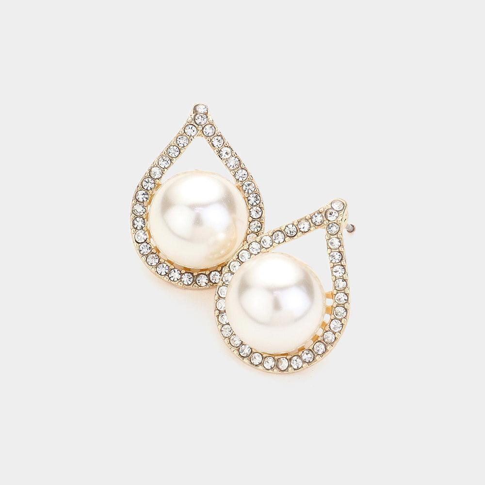 Cream Rhinestone Paved Teardrop Trim Pearl Pointed Earrings - Jewelry Store by Erik Rayo