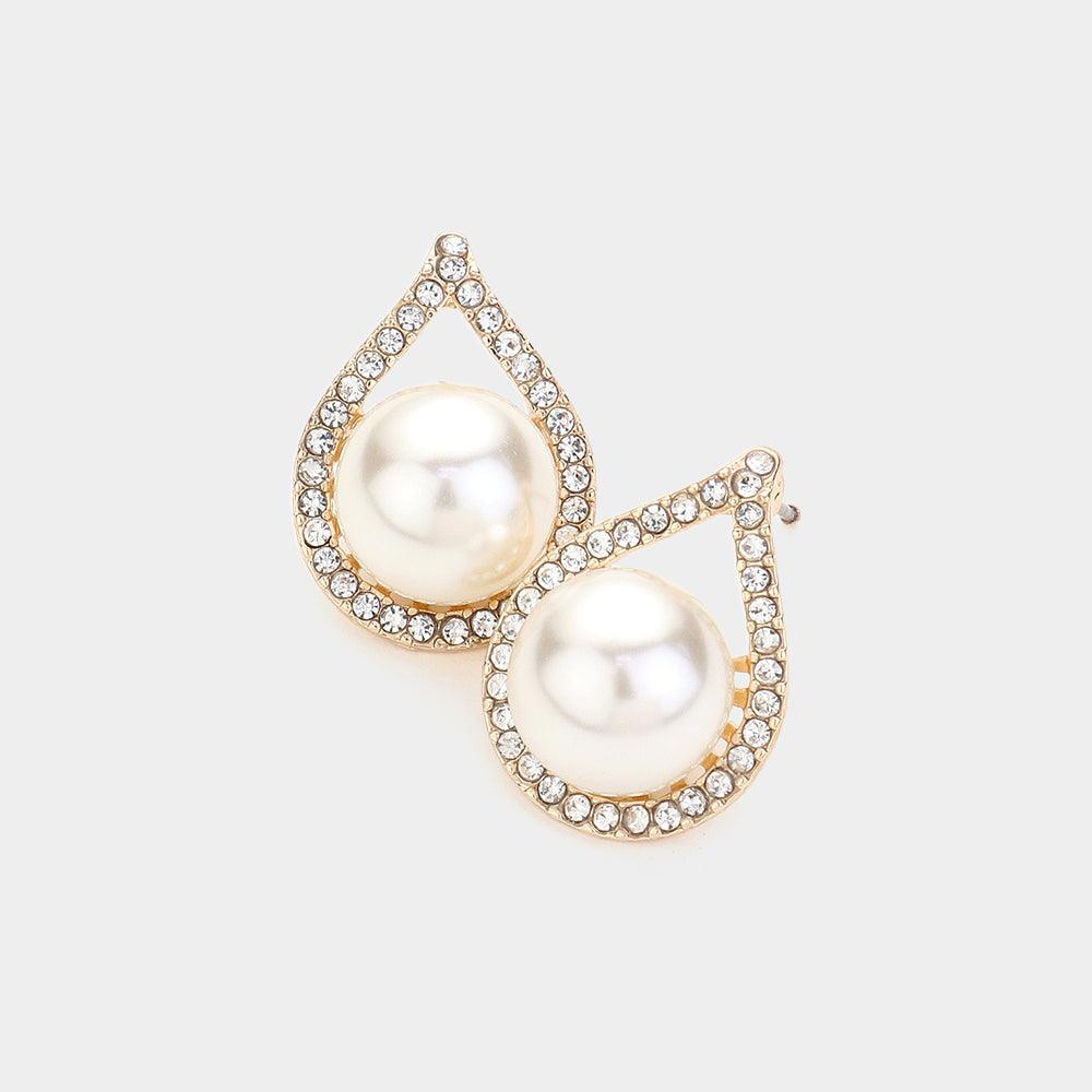 Cream Rhinestone Paved Teardrop Trim Pearl Pointed Earrings