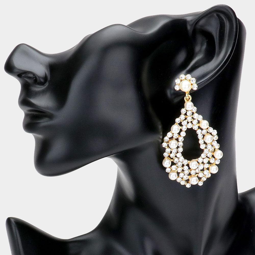 Gold Pearl Detail Rhinestone Open Teardrop Evening Earrings - Jewelry Store by Erik Rayo