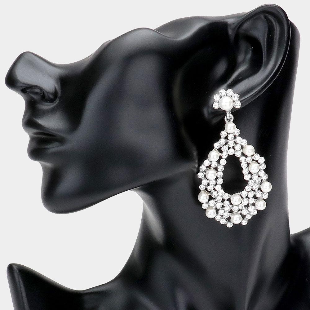 Silver Pearl Detail Rhinestone Open Teardrop Evening Earrings - Jewelry Store by Erik Rayo