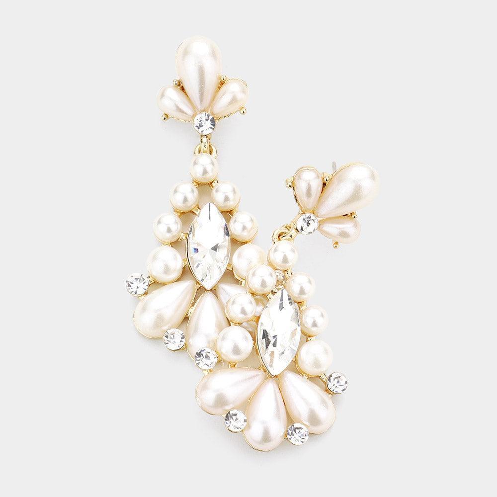 Gold Marquise Stone Center Pearl Evening Earrings - Jewelry Store by Erik Rayo