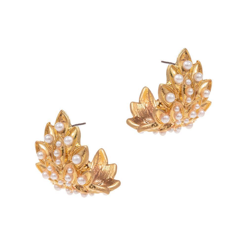 Gold Pearl Embellished Metal Leaves Hoop Earrings - Jewelry Store by Erik Rayo