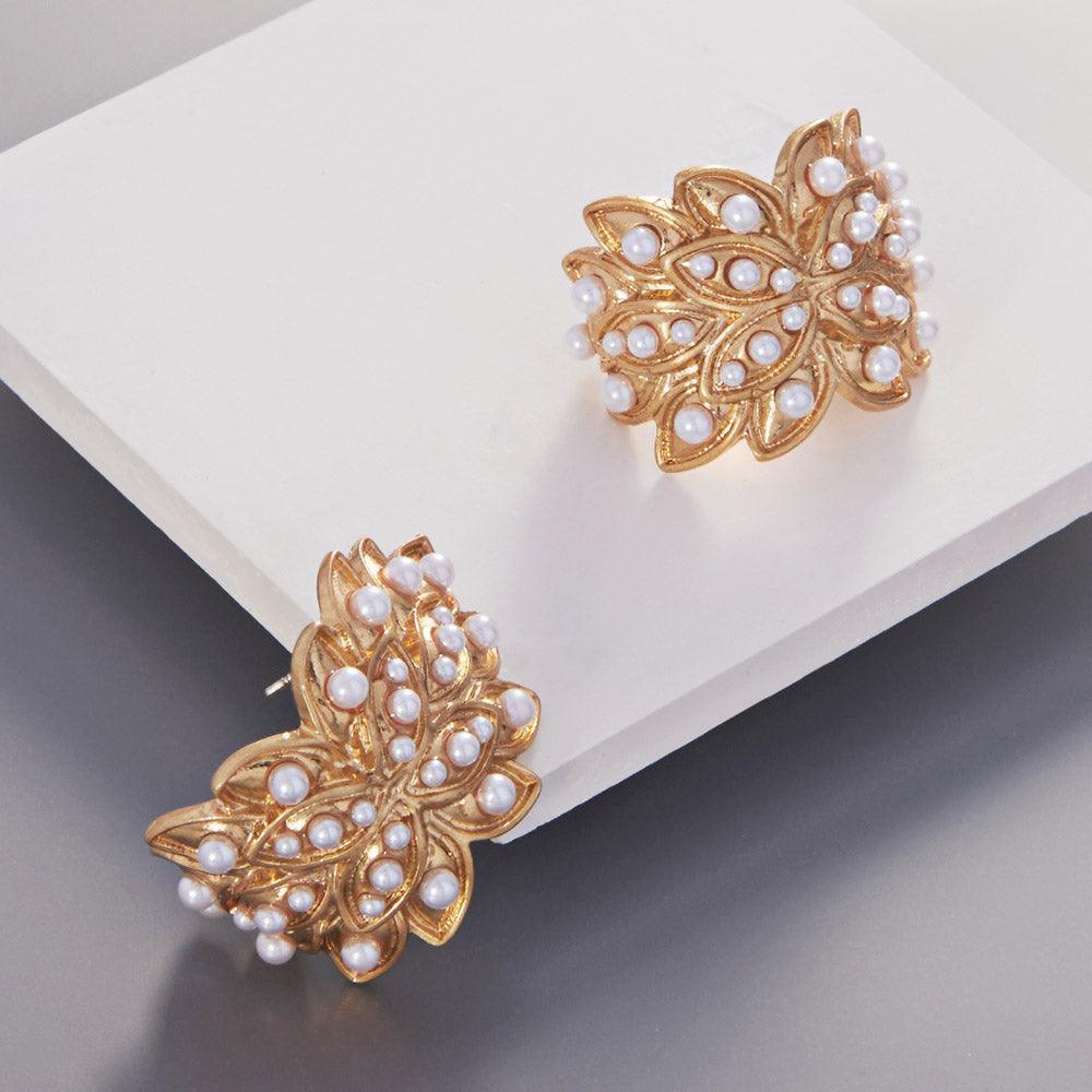 Gold Pearl Embellished Metal Leaves Hoop Earrings - Jewelry Store by Erik Rayo