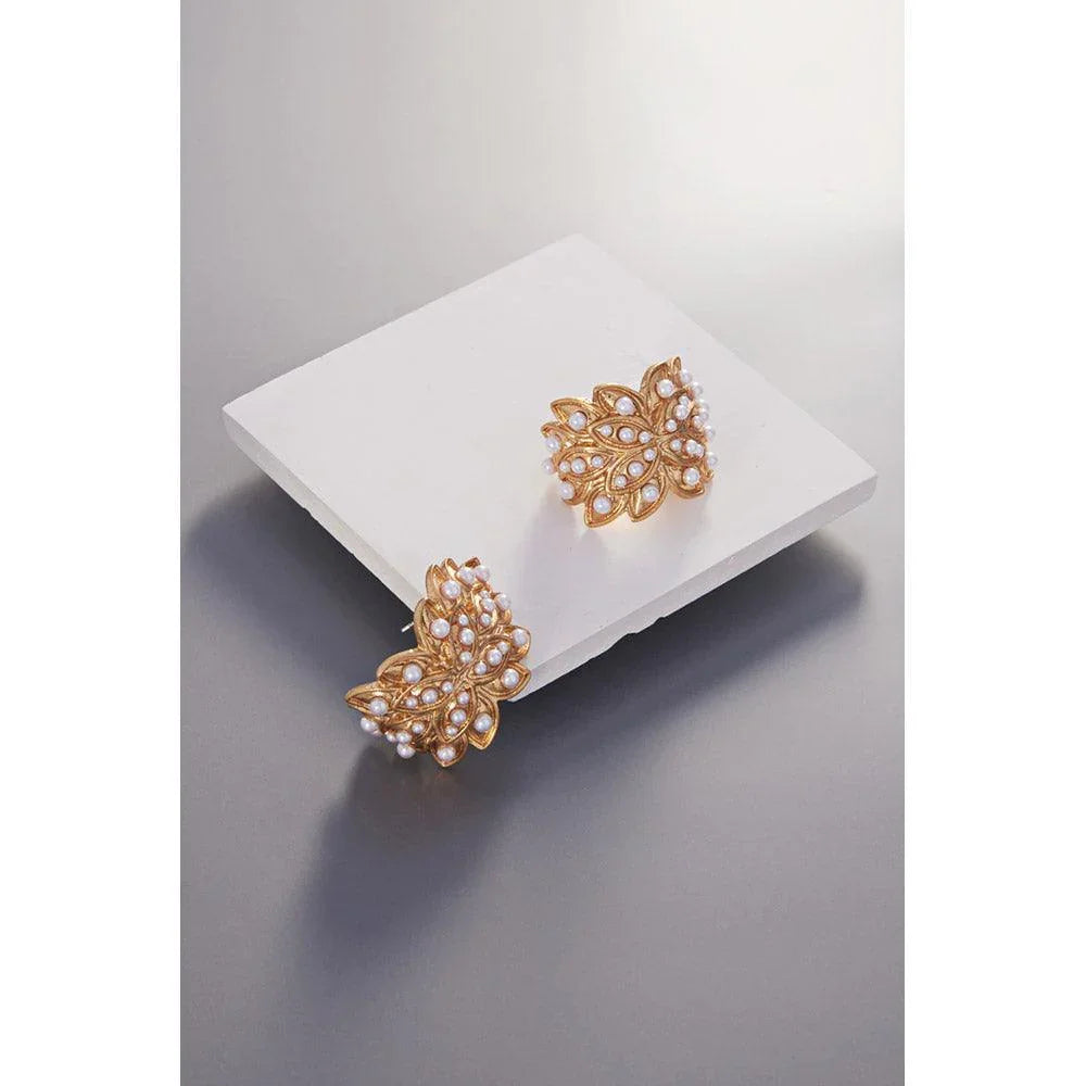 Gold Pearl Embellished Metal Leaves Hoop Earrings - Jewelry Store by Erik Rayo