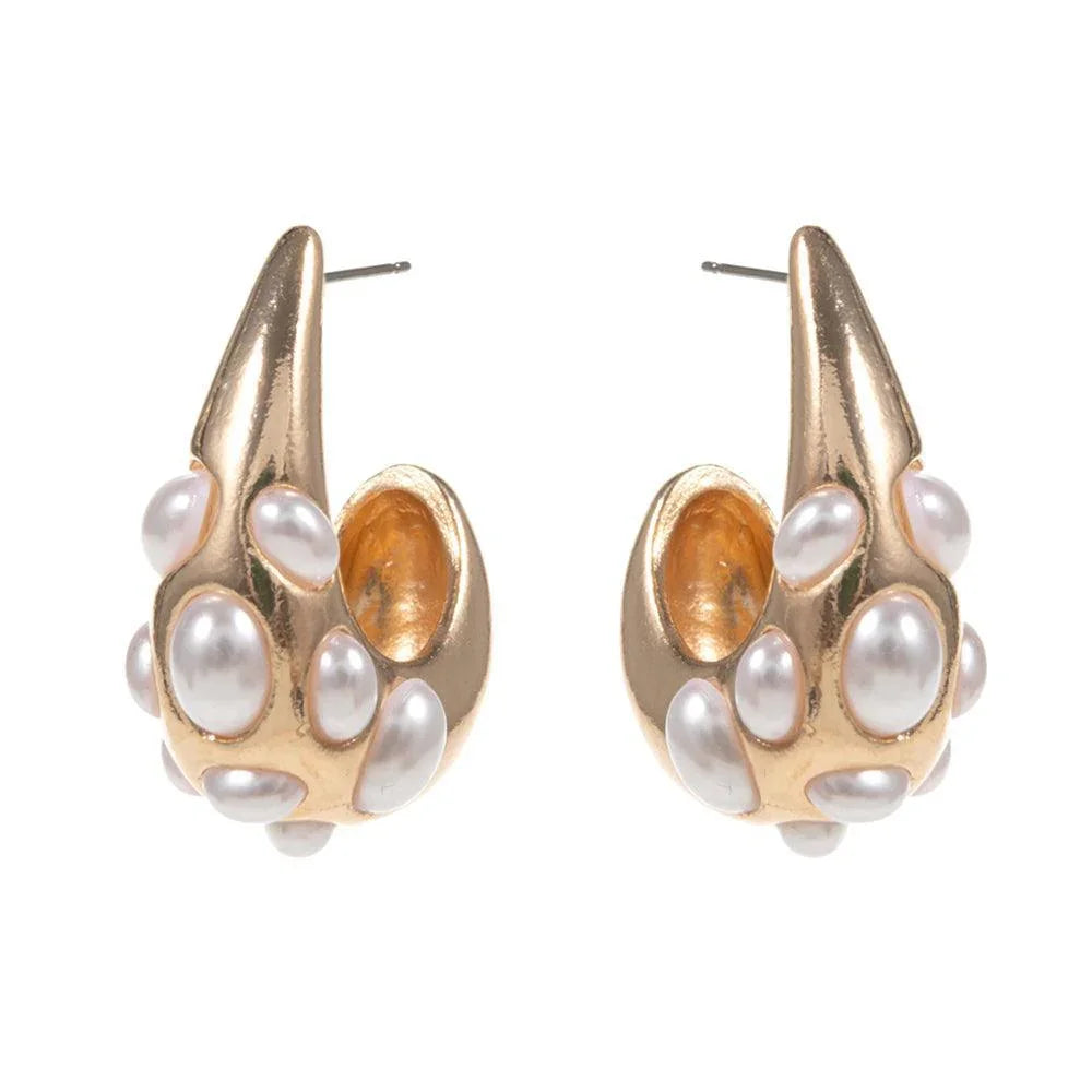 Gold Oval Pearl Embellished Teardrop Hoop Earrings - Jewelry Store by Erik Rayo