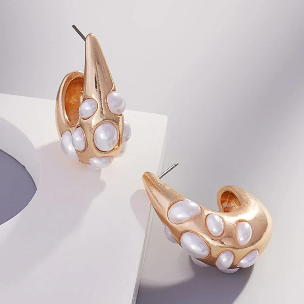 Gold Oval Pearl Embellished Teardrop Hoop Earrings - Jewelry Store by Erik Rayo