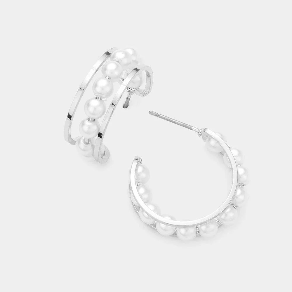 Pearl Accented Metal Split Hoop Earrings - Jewelry Store by Erik Rayo