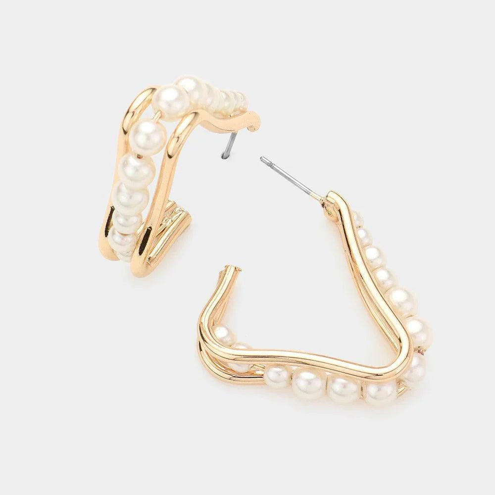 Gold Pearl Accented Triangle Hoop Earrings - Jewelry Store by Erik Rayo