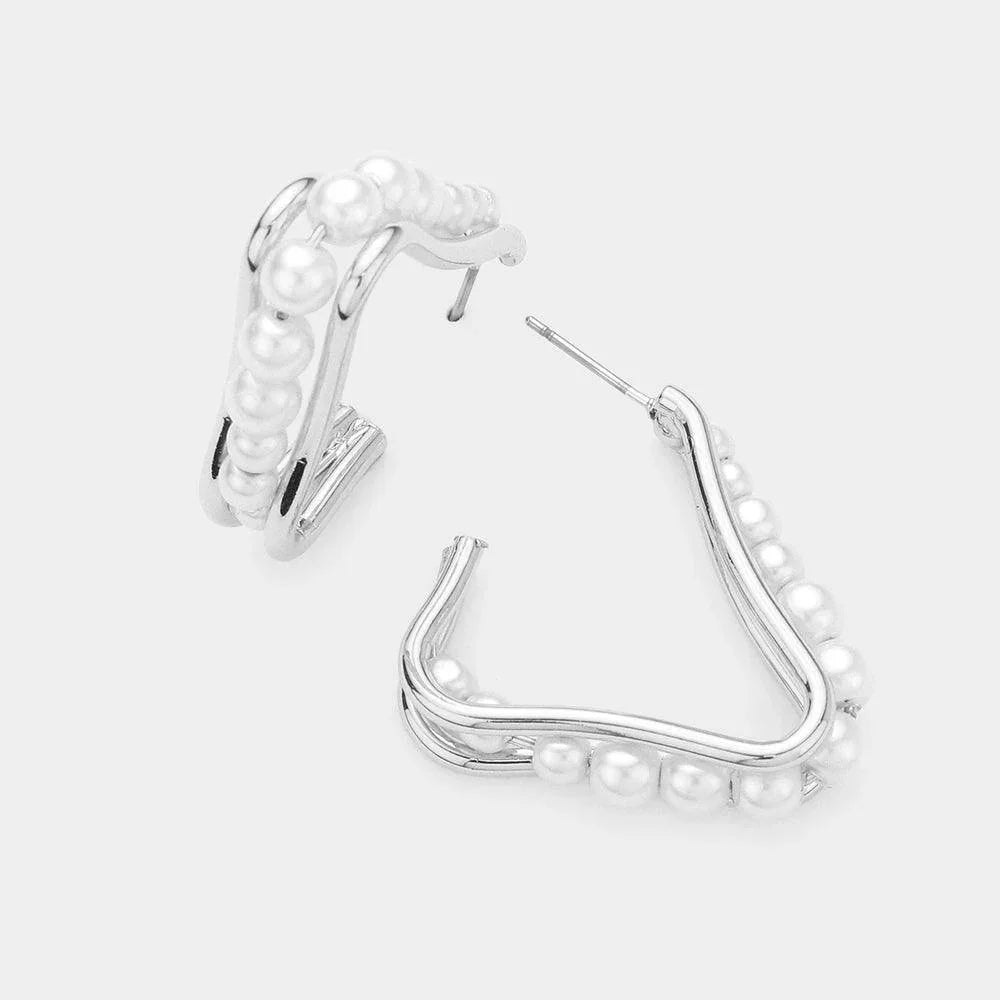 Pearl Accented Triangle Hoop Earrings - Jewelry Store by Erik Rayo
