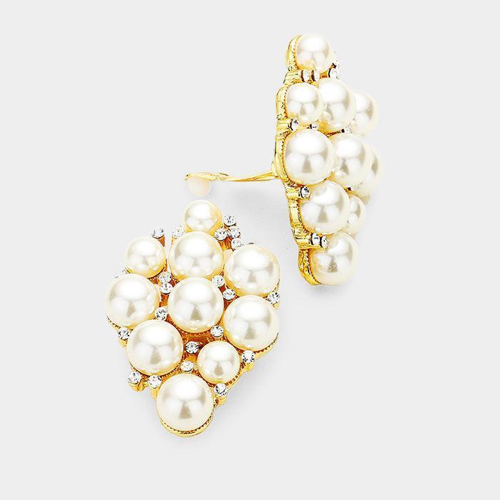 Gold Crystal Rhinestone Pearl Cluster Clip on Earrings - Jewelry Store by Erik Rayo