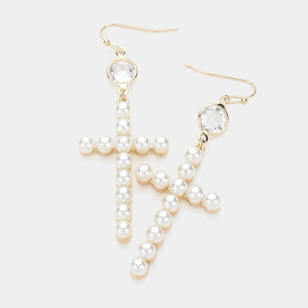 Cream Pearl Cross Dangle Earrings - Jewelry Store by Erik Rayo