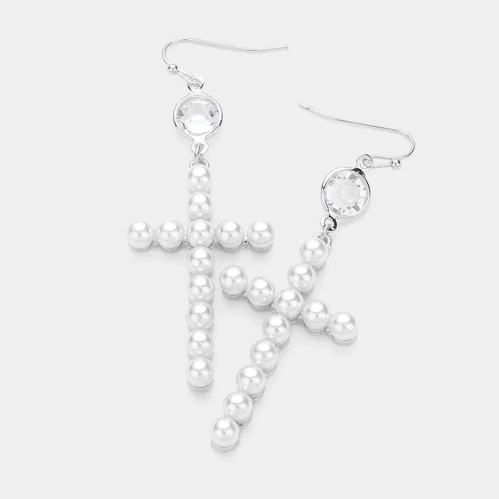 Cream Pearl Cross Dangle Earrings - Jewelry Store by Erik Rayo