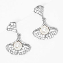 Load image into Gallery viewer, White Pearl Accented CZ White Gold Dipped Ginkgo Leaf Dangle Earrings
