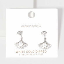 Load image into Gallery viewer, White Pearl Accented CZ White Gold Dipped Ginkgo Leaf Dangle Earrings
