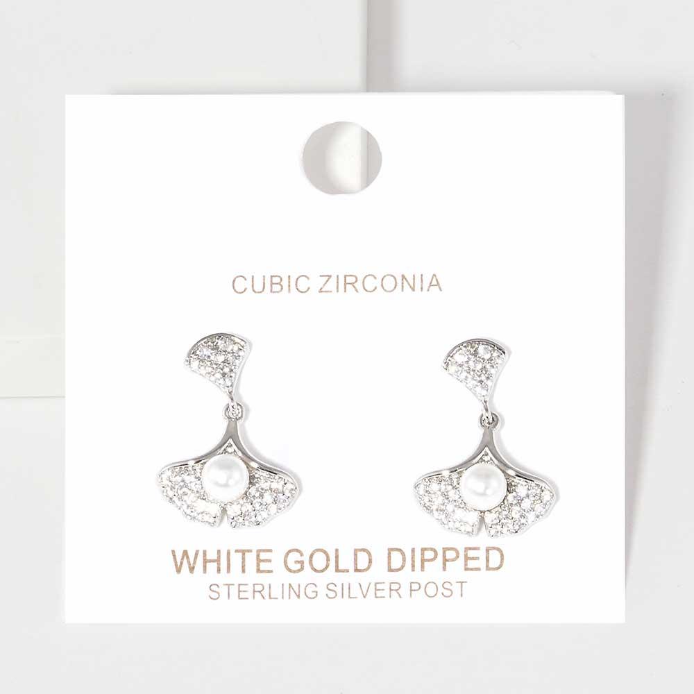 White Pearl Accented CZ White Gold Dipped Ginkgo Leaf Dangle Earrings