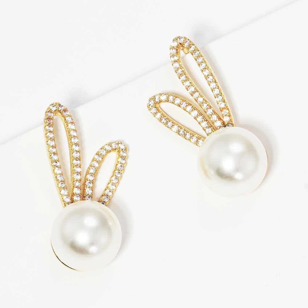Silver Gold Dipped CZ Pearl Rabbit Stud Earrings - Jewelry Store by Erik Rayo