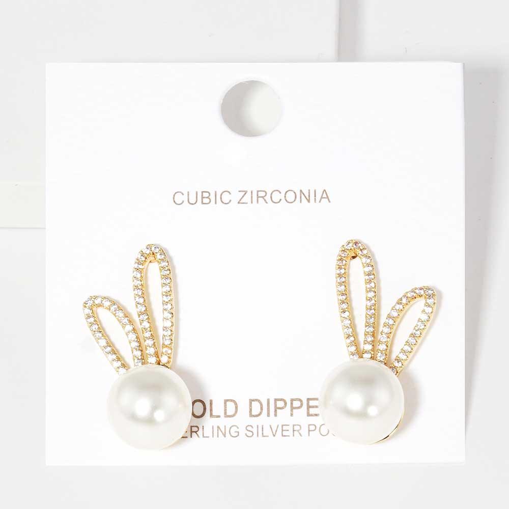 Silver Gold Dipped CZ Pearl Rabbit Stud Earrings