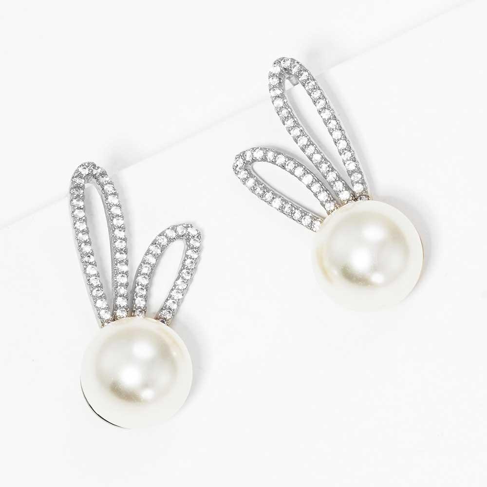White White Gold Dipped CZ Pearl Rabbit Stud Earrings - Jewelry Store by Erik Rayo