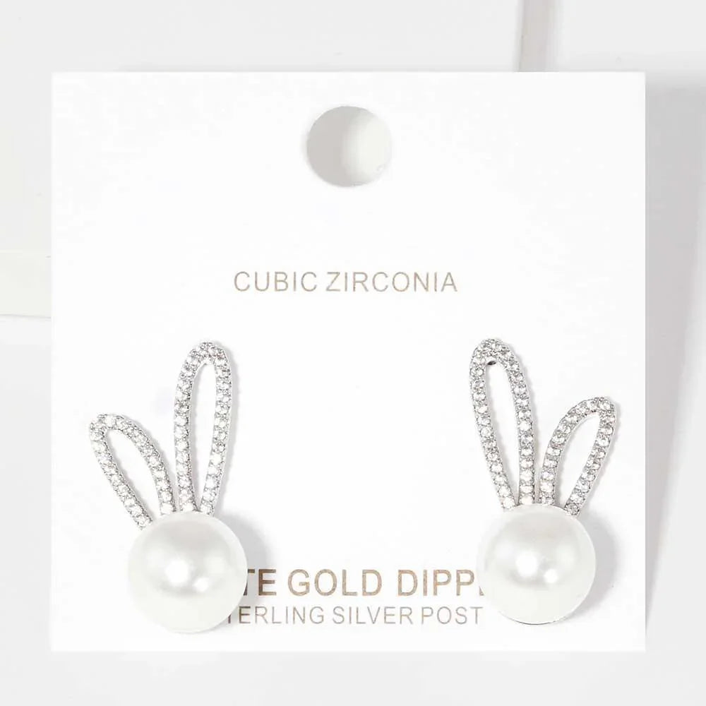 White White Gold Dipped CZ Pearl Rabbit Stud Earrings - Jewelry Store by Erik Rayo