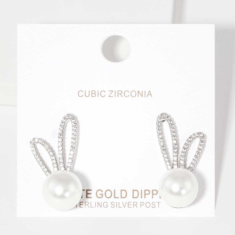 White White Gold Dipped CZ Pearl Rabbit Stud Earrings