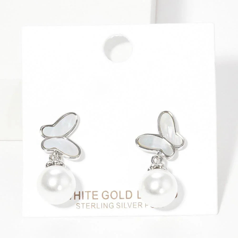 White White Gold Dipped Butterfly Pearl Stud Earrings - Jewelry Store by Erik Rayo