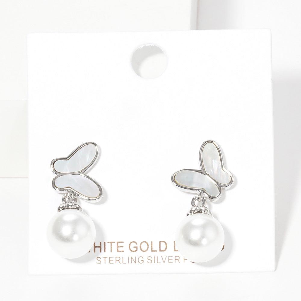 White White Gold Dipped Butterfly Pearl Stud Earrings