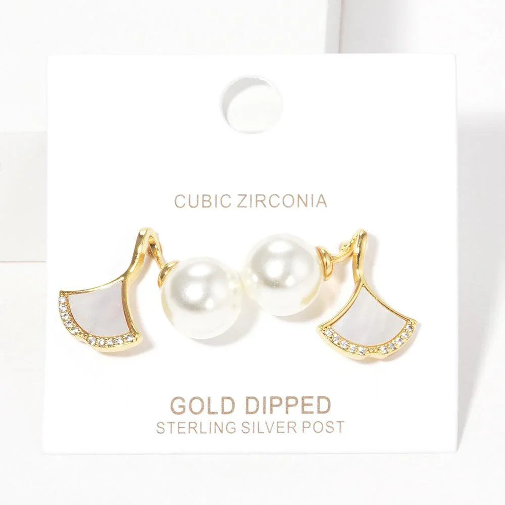 Silver Gold Dipped Pearl Ginkgo Stud Earrings - Jewelry Store by Erik Rayo