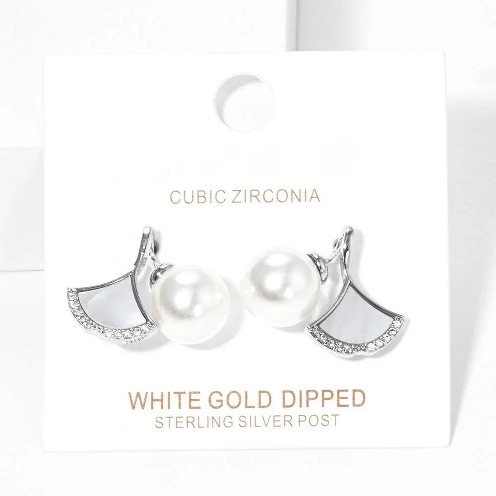 White White Gold Dipped Pearl Ginkgo Stud Earrings - Jewelry Store by Erik Rayo