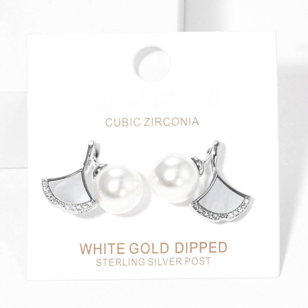 White White Gold Dipped Pearl Ginkgo Stud Earrings