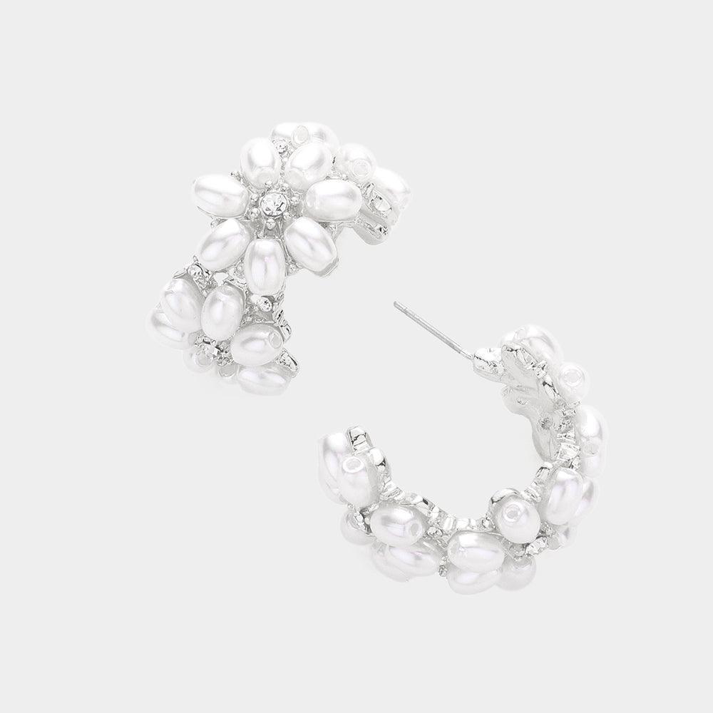White Floral Pearl Embellished Hoop Evening Earrings - Jewelry Store by Erik Rayo