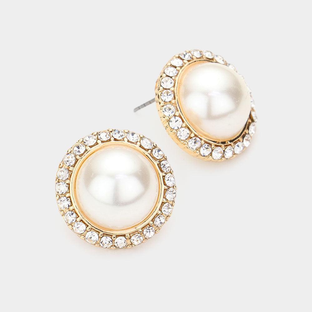 Rhinestone Trimmed Round Pearl Stud Earrings - Jewelry Store by Erik Rayo