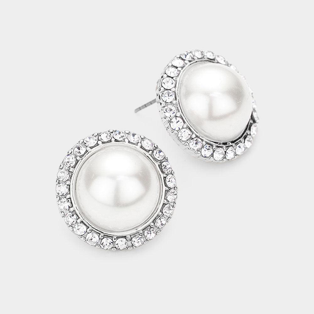 Rhinestone Trimmed Round Pearl Stud Earrings - Jewelry Store by Erik Rayo