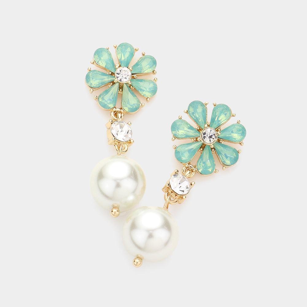 Mint Teardrop Cluster Flower Pearl Link Dangle Evening Earrings - Jewelry Store by Erik Rayo