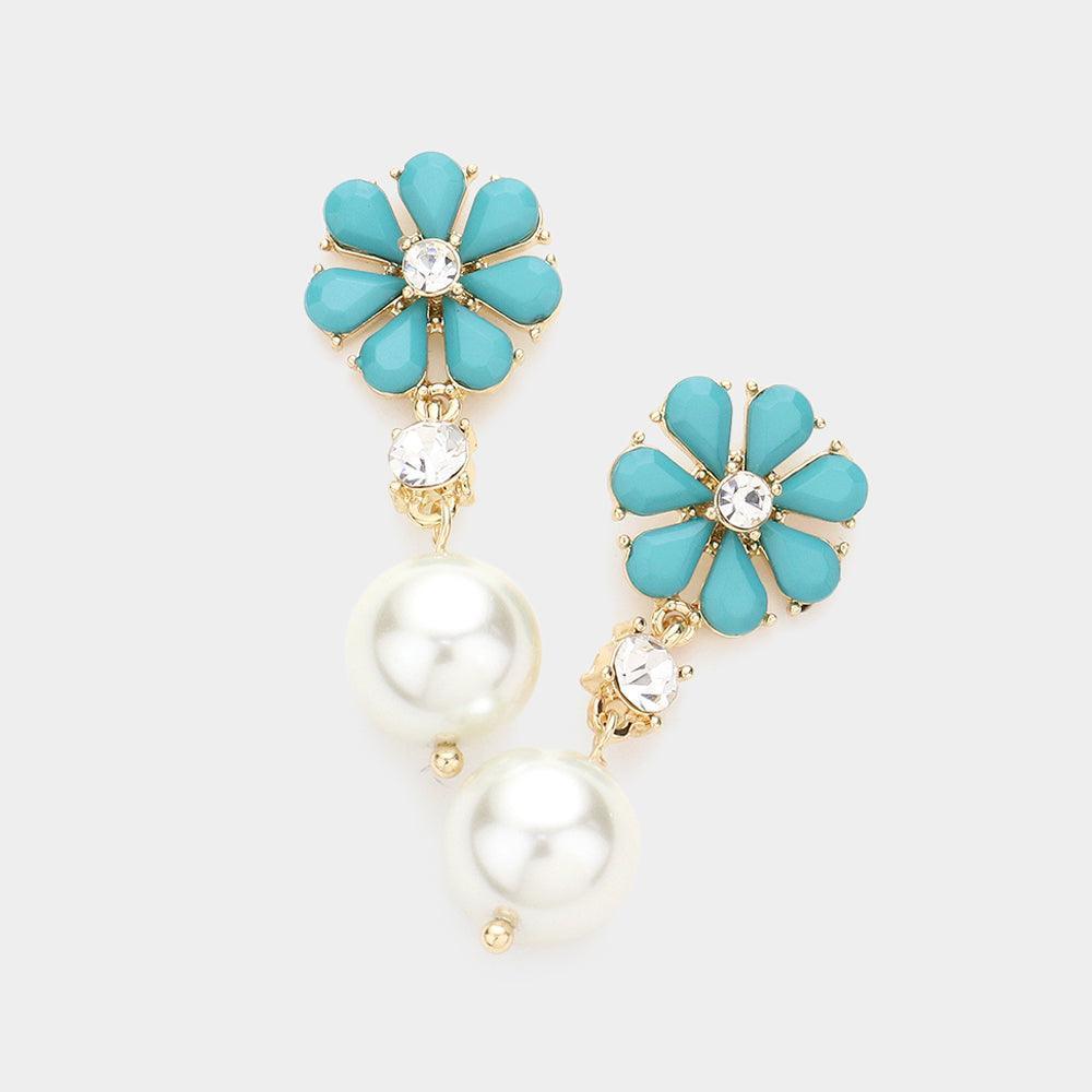 Turquoise Teardrop Cluster Flower Pearl Link Dangle Evening Earrings - Jewelry Store by Erik Rayo
