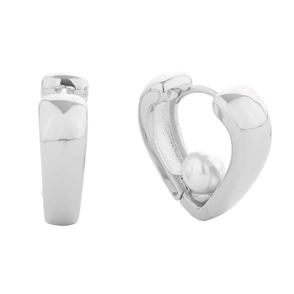 Silver White Gold Dipped Love Pearl Huggie Earrings - Jewelry Store by Erik Rayo